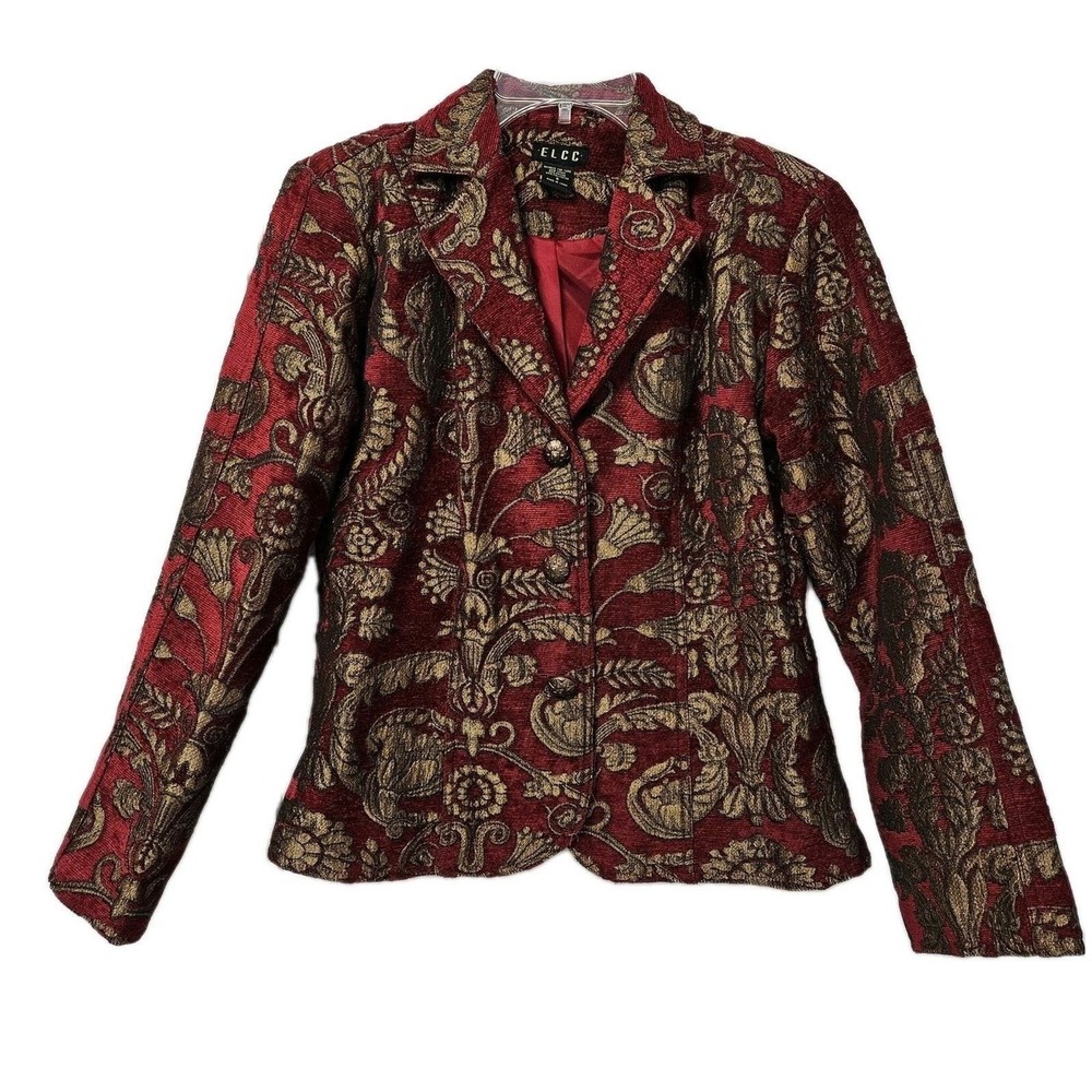 ELCC Blazer Women Sm Red Gold Tapestry Floral Brocade Jacket Button Front Ornate
